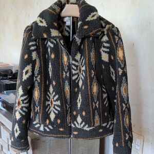 Band of Gypsies Patterned Teddy Jacket in Charcoal And Cream